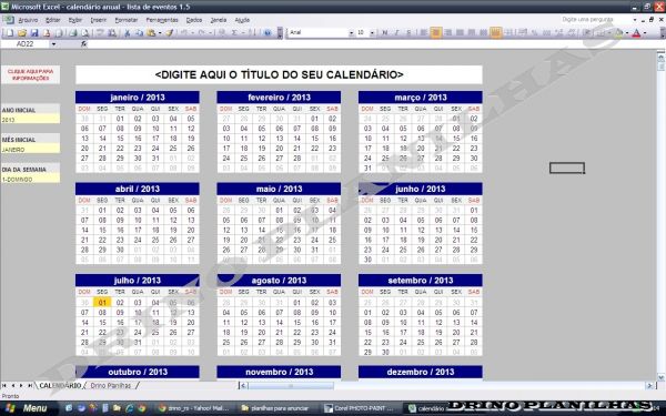 Planilha Calendário Anual de Eventos