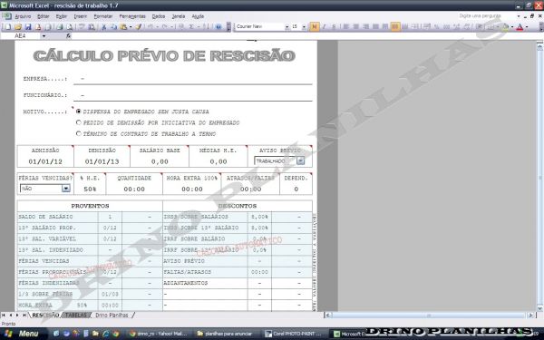 Planilha Para Cálculo de Rescisão de Contrato de Trabalho