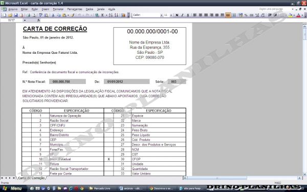 Planilha para Carta de Correção