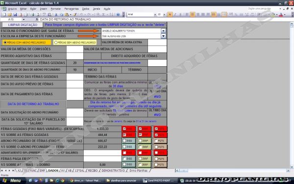 Planilha para Cálculo de Férias