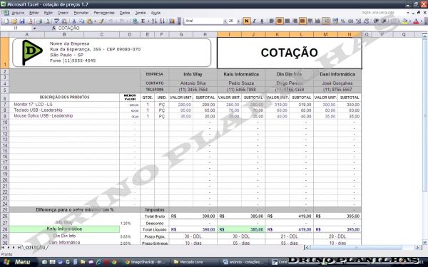 Planilha para Cotação de Preços – Compara até 4 Cotações