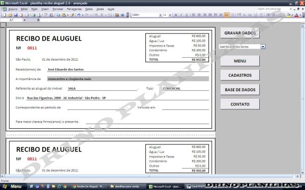 Impressão De Recibo De Aluguel Planilha Com Base De Dados Loja De Drinoplanilhas 9575