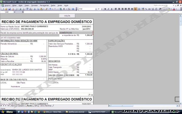 Planilha Impressão Recibo de Pagamento Empregada Doméstica