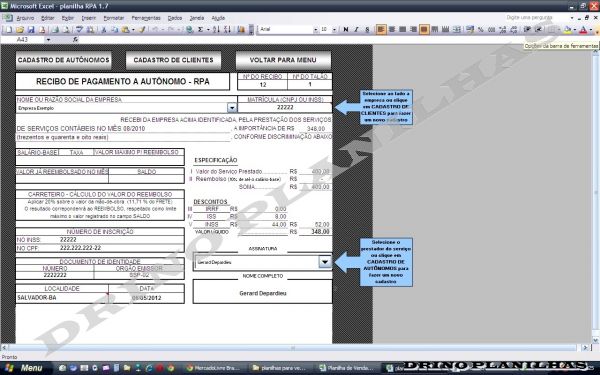 Planilha RPA - Recibo de Pagamento a Autônomo