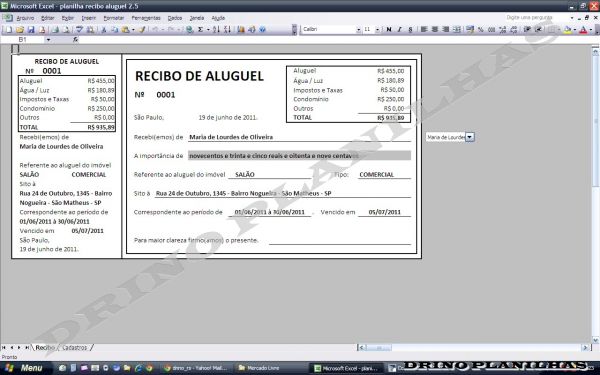 Planilha Para Impressão De Recibo De Aluguel Loja De Drinoplanilhas 4235