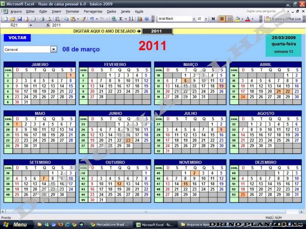 Planilha Calendário Permanente - 2010, 2011, 2012, 2080  etc